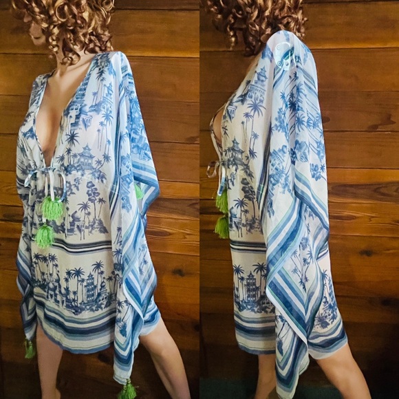 NWT Violet Sky Moroccan Travel Postcard Print Swimsuit Cover-Up Caftan M AS-IS - Picture 5 of 16